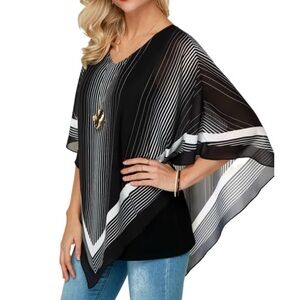 Cape,shawl,style blouse,attached tank underneath. Asymmetrical,striped,flare,OS